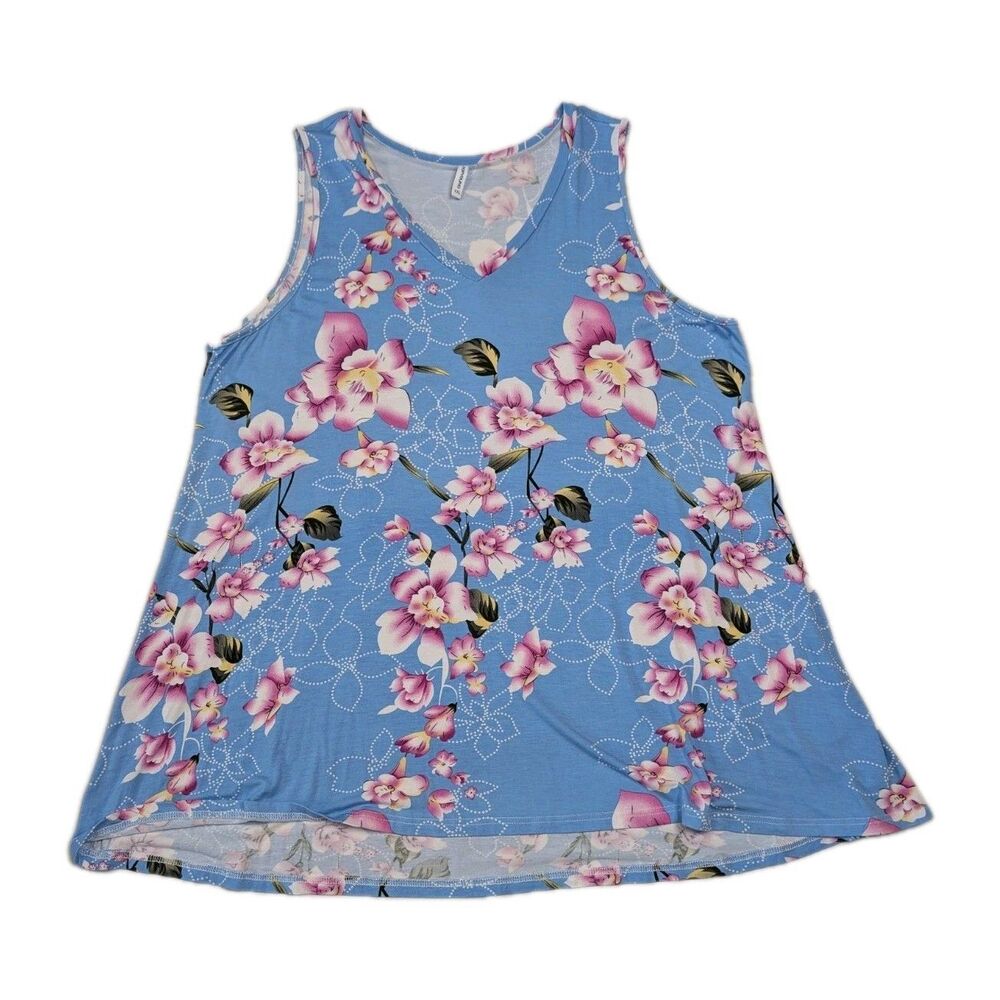 Popyoung Womens Blue w/ Pink Floral Sleeveless Tunic High Low Tank Top 4XL